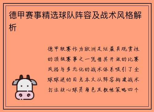 德甲赛事精选球队阵容及战术风格解析
