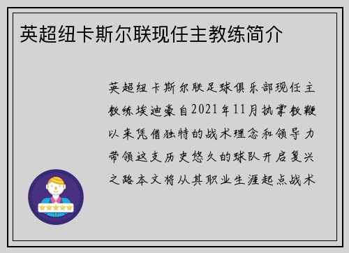 英超纽卡斯尔联现任主教练简介